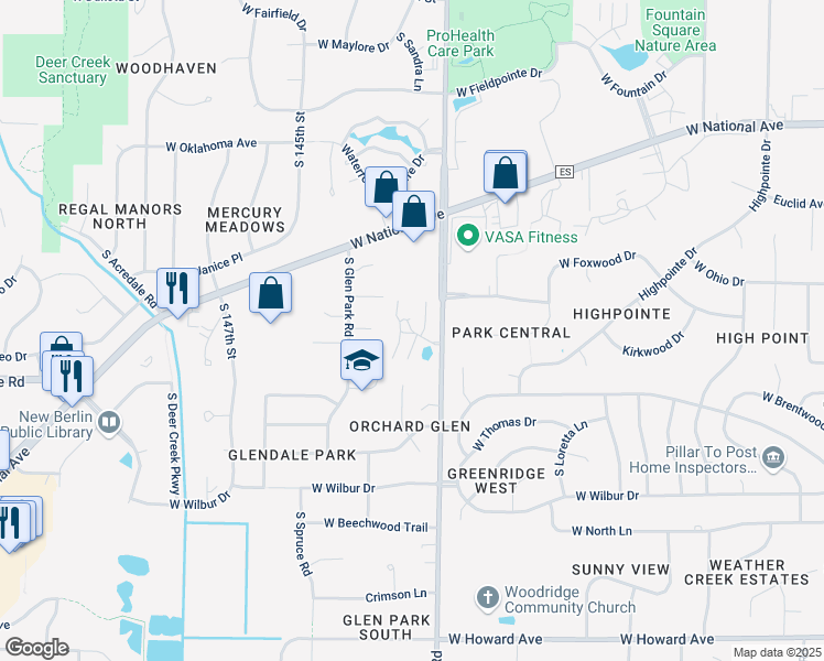 map of restaurants, bars, coffee shops, grocery stores, and more near 14034 West Tiffany Place in New Berlin