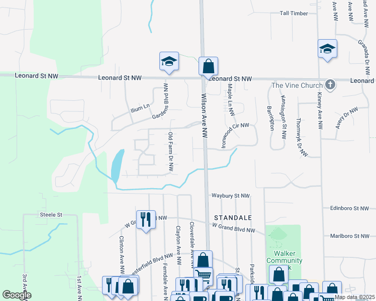 map of restaurants, bars, coffee shops, grocery stores, and more near 947 Cedar Run Court Northwest in Walker