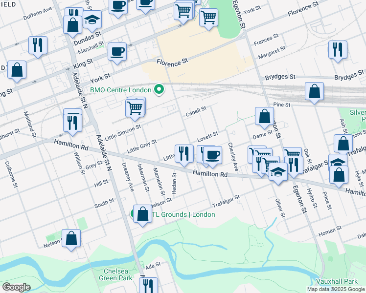 map of restaurants, bars, coffee shops, grocery stores, and more near 786 Little Hill Street in London
