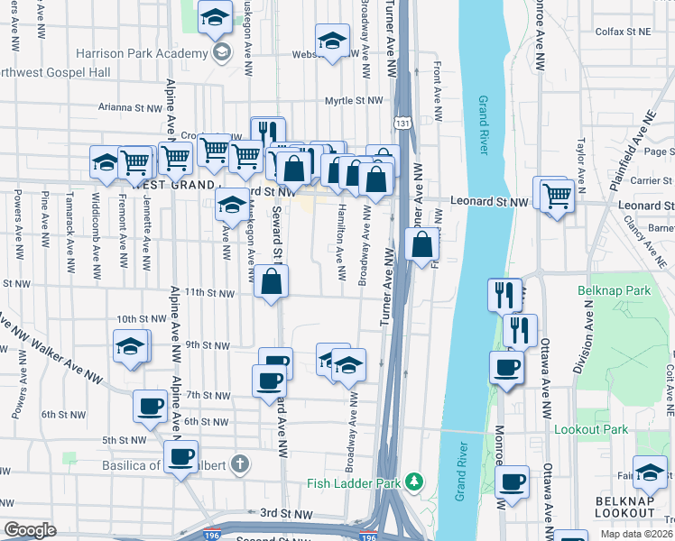 map of restaurants, bars, coffee shops, grocery stores, and more near 1031 Hamilton Avenue Northwest in Grand Rapids