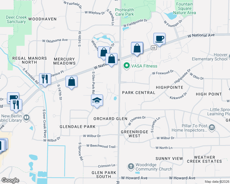 map of restaurants, bars, coffee shops, grocery stores, and more near 14034 West Tiffany Place in New Berlin