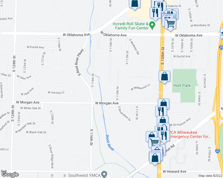 map of restaurants, bars, coffee shops, grocery stores, and more near 3407 South 113th Street in West Allis