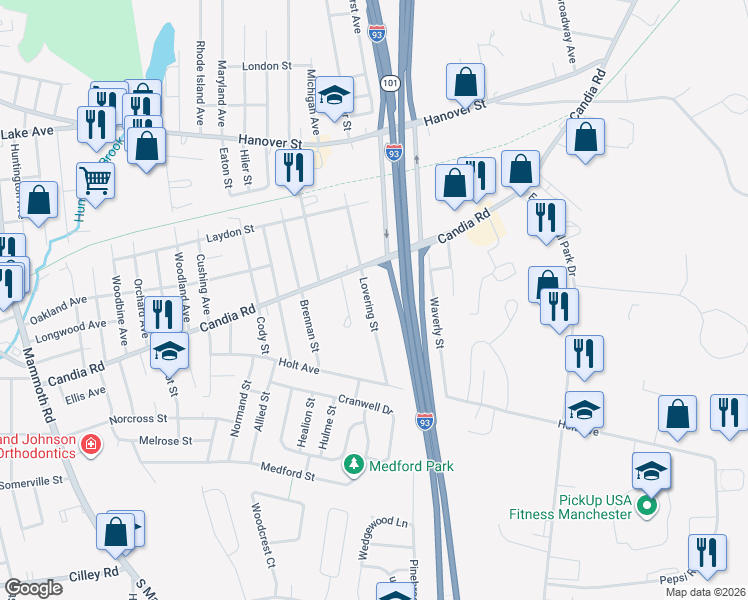 map of restaurants, bars, coffee shops, grocery stores, and more near 125 Lovering Street in Manchester