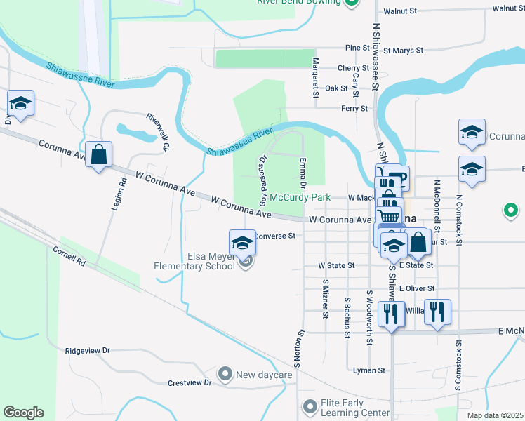 map of restaurants, bars, coffee shops, grocery stores, and more near 570 West Corunna Avenue in Corunna