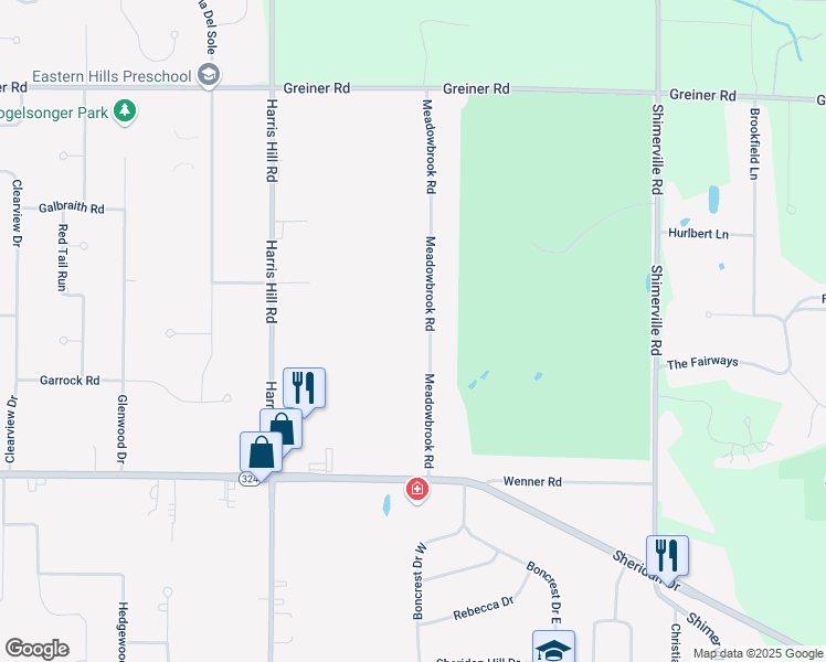 map of restaurants, bars, coffee shops, grocery stores, and more near 4970 Meadowbrook Road in Buffalo