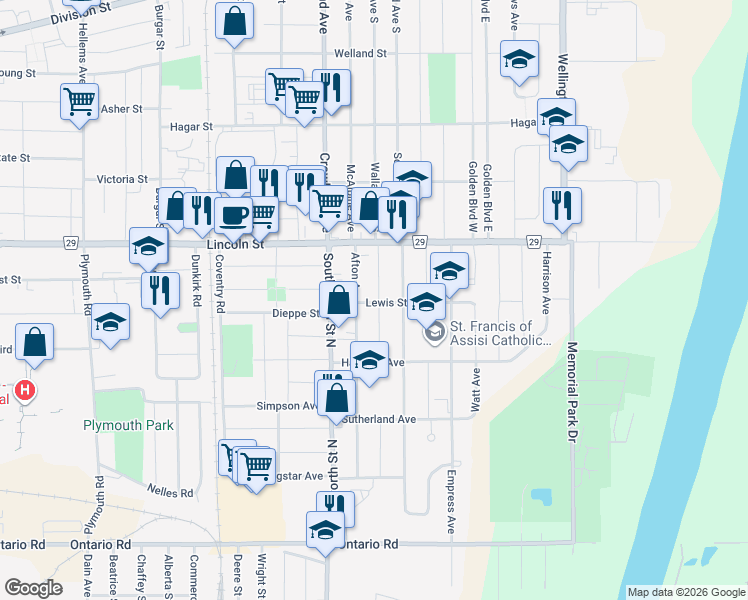map of restaurants, bars, coffee shops, grocery stores, and more near 42 Balmoral Avenue in Welland