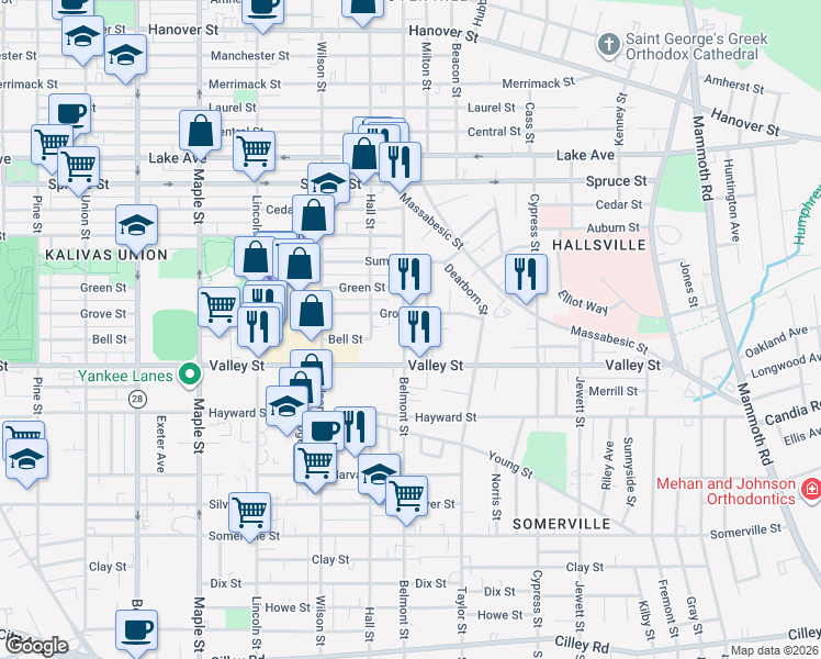 map of restaurants, bars, coffee shops, grocery stores, and more near 313 Belmont St in Manchester