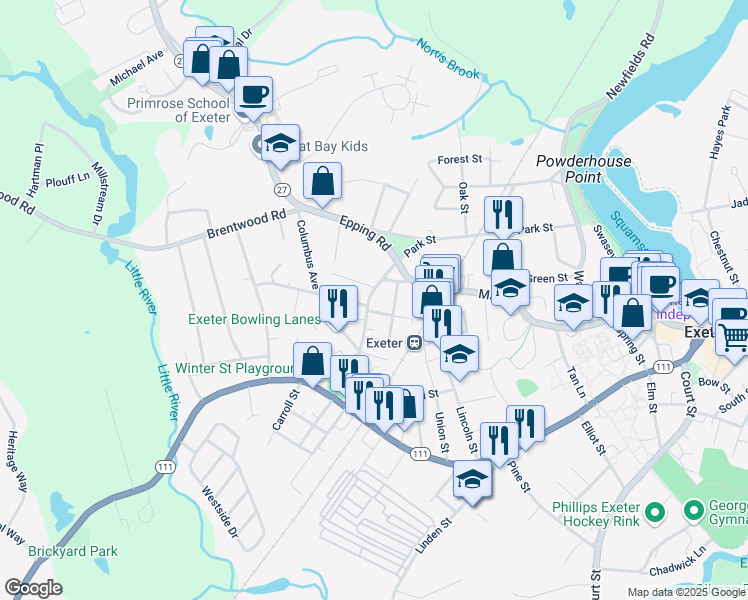 map of restaurants, bars, coffee shops, grocery stores, and more near 42 Winter Street in Exeter