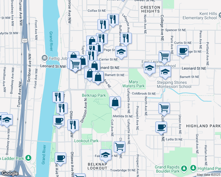 map of restaurants, bars, coffee shops, grocery stores, and more near 231 Coldbrook Street Northeast in Grand Rapids