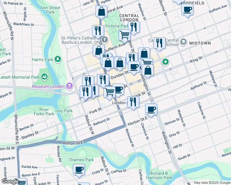 map of restaurants, bars, coffee shops, grocery stores, and more near in London