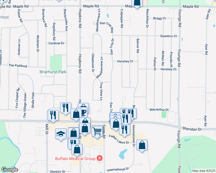 map of restaurants, bars, coffee shops, grocery stores, and more near 283 Dan Troy Drive in Buffalo