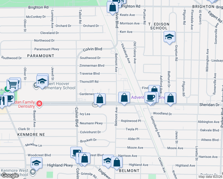 map of restaurants, bars, coffee shops, grocery stores, and more near 13 Winterwood Court in Buffalo