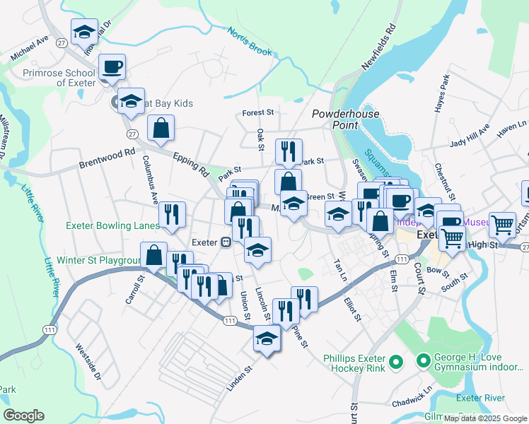 map of restaurants, bars, coffee shops, grocery stores, and more near 68 Main Street in Exeter