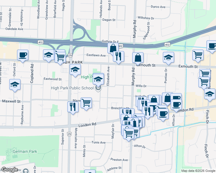 map of restaurants, bars, coffee shops, grocery stores, and more near Elizabeth Avenue in Sarnia