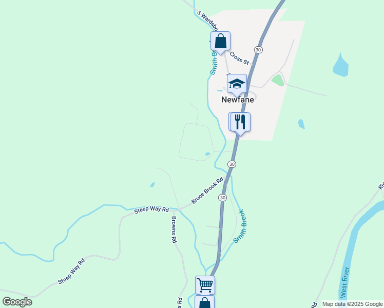 map of restaurants, bars, coffee shops, grocery stores, and more near 69 Loop Road in Newfane