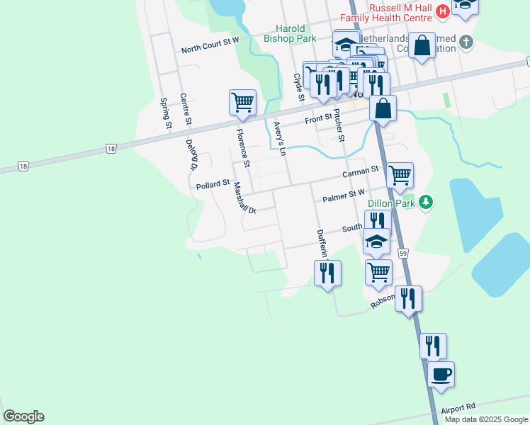 map of restaurants, bars, coffee shops, grocery stores, and more near 5 Marshall Drive in Norwich