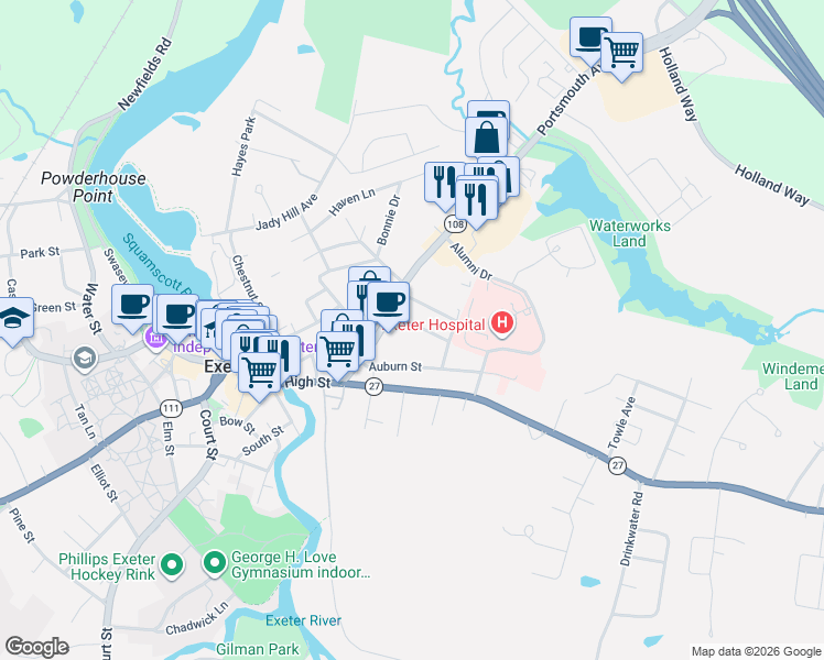 map of restaurants, bars, coffee shops, grocery stores, and more near 5 Prospect Street in Exeter