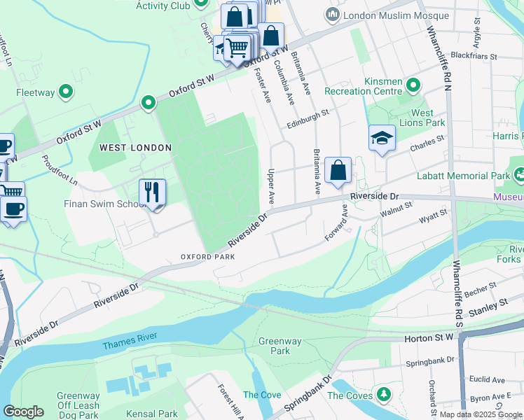 map of restaurants, bars, coffee shops, grocery stores, and more near 299 Riverside Drive in London