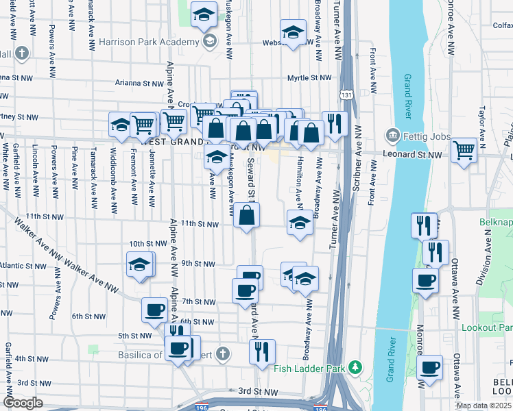 map of restaurants, bars, coffee shops, grocery stores, and more near 567 11th Street Northwest in Grand Rapids