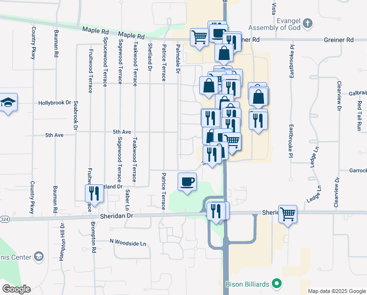 map of restaurants, bars, coffee shops, grocery stores, and more near 132 Harrogate Square in Buffalo