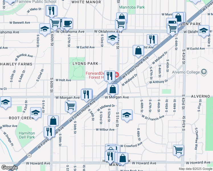 map of restaurants, bars, coffee shops, grocery stores, and more near 5160 West Forest Home Avenue in Milwaukee