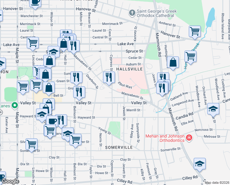 map of restaurants, bars, coffee shops, grocery stores, and more near 400 Massabesic Street in Manchester
