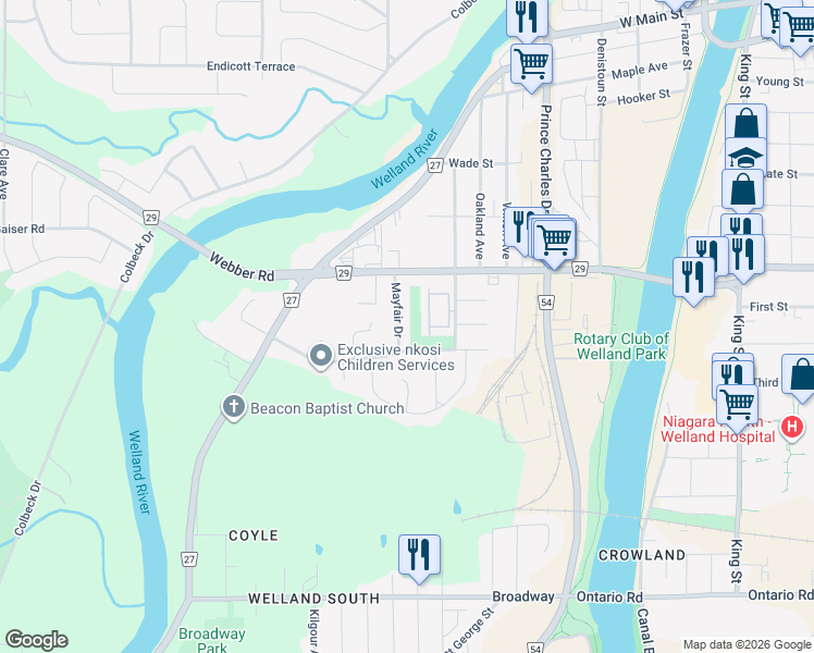 map of restaurants, bars, coffee shops, grocery stores, and more near 36 Mayfair Drive in Welland