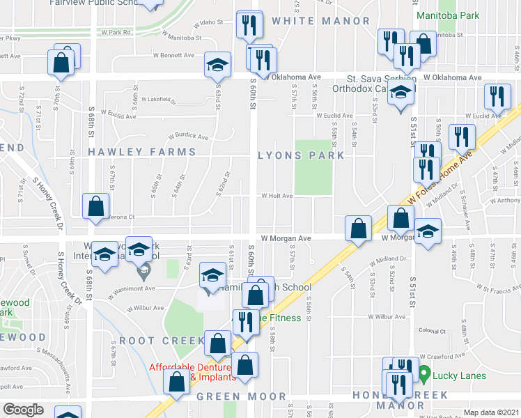 map of restaurants, bars, coffee shops, grocery stores, and more near 3417 South 58th Street in Milwaukee