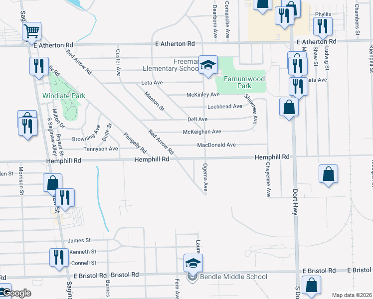 map of restaurants, bars, coffee shops, grocery stores, and more near 602 MacDonald Avenue in Flint