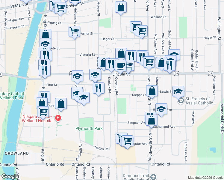 map of restaurants, bars, coffee shops, grocery stores, and more near in Welland