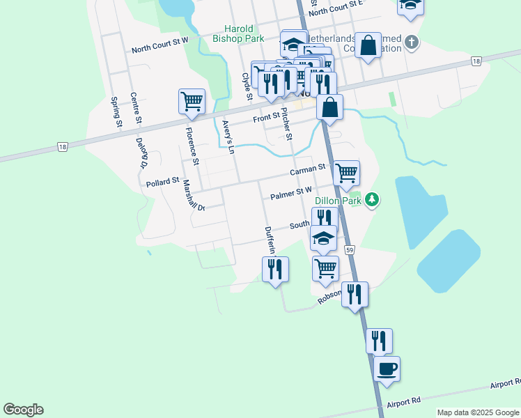 map of restaurants, bars, coffee shops, grocery stores, and more near 12 Dufferin Street in Norwich