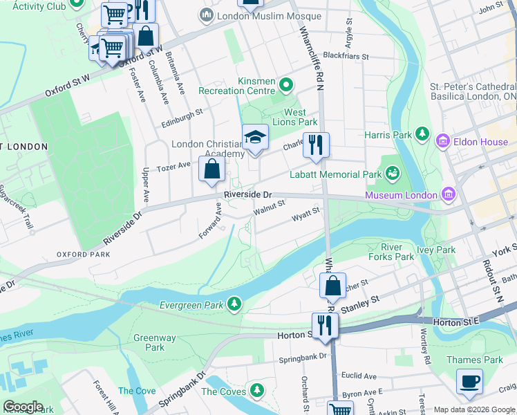 map of restaurants, bars, coffee shops, grocery stores, and more near 136 Walnut Street in London