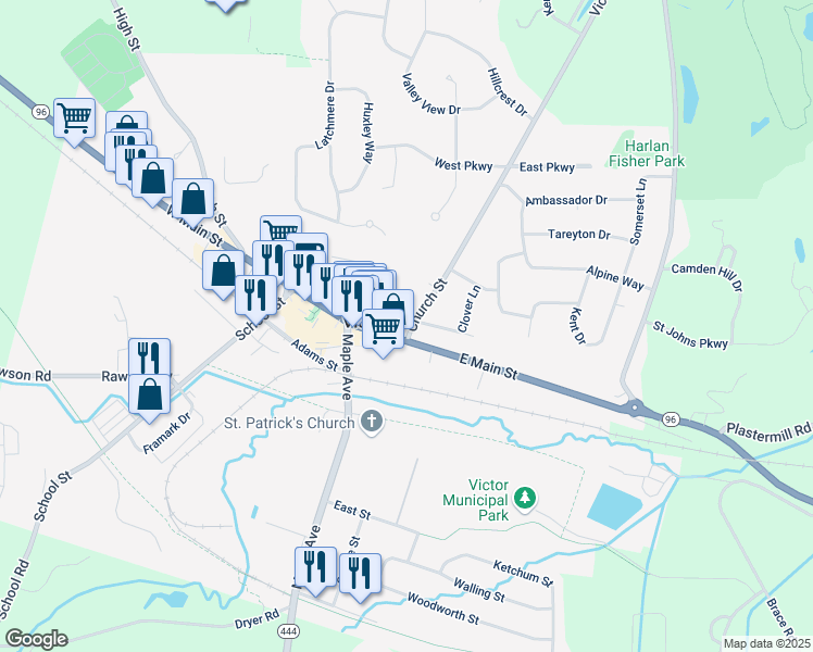 map of restaurants, bars, coffee shops, grocery stores, and more near 15 Church Street in Victor