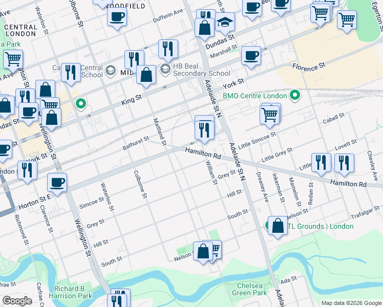 map of restaurants, bars, coffee shops, grocery stores, and more near 105 Hamilton Road in London