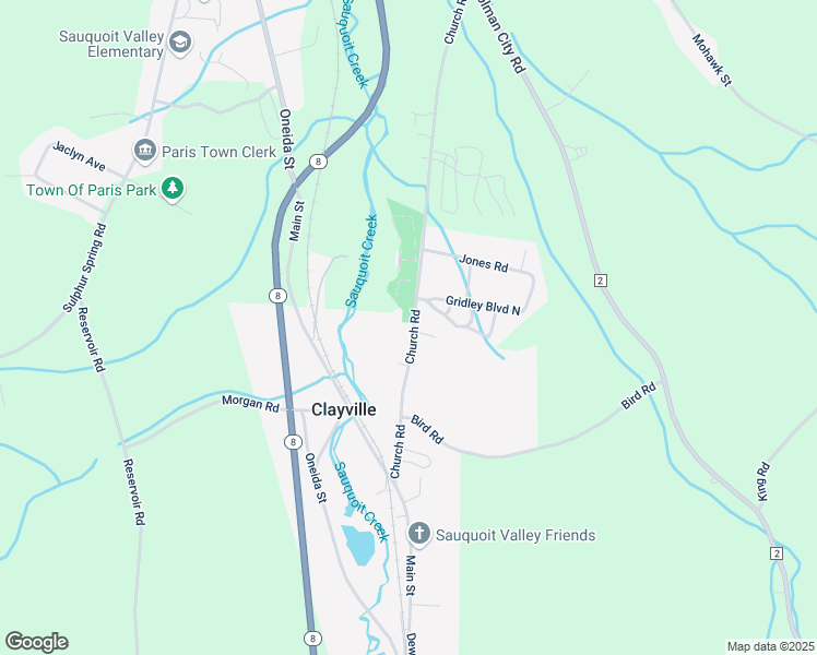 map of restaurants, bars, coffee shops, grocery stores, and more near 2481 Church Road in Clayville
