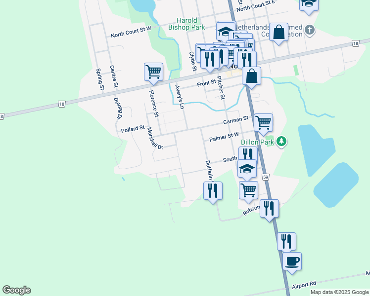 map of restaurants, bars, coffee shops, grocery stores, and more near 10 Dufferin Street in Norwich