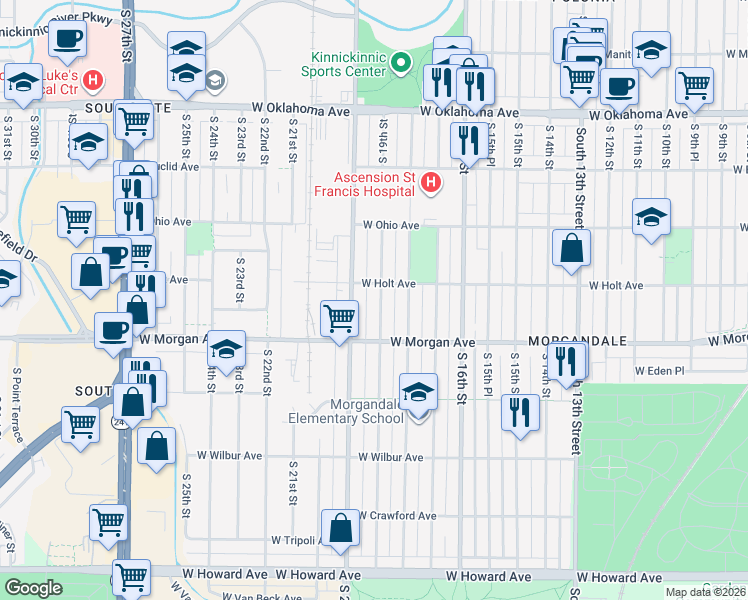 map of restaurants, bars, coffee shops, grocery stores, and more near 3421 South 19th Street in Milwaukee