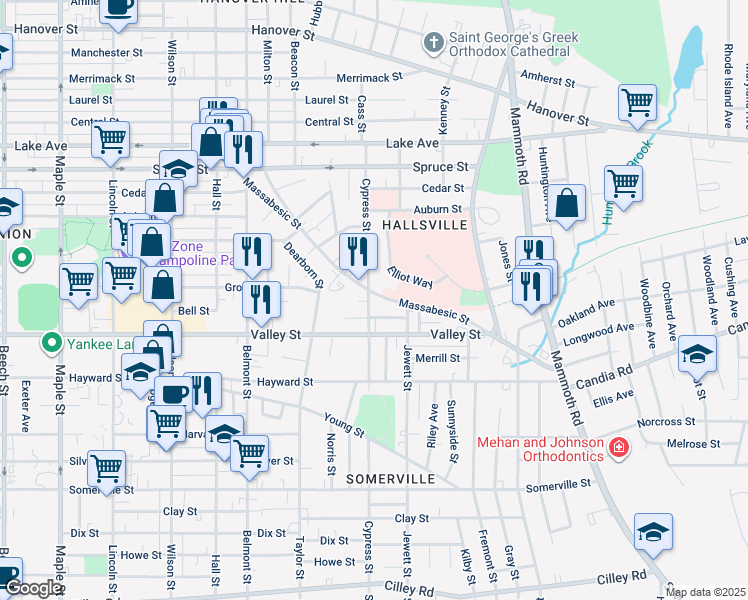 map of restaurants, bars, coffee shops, grocery stores, and more near 335 Cypress Street in Manchester