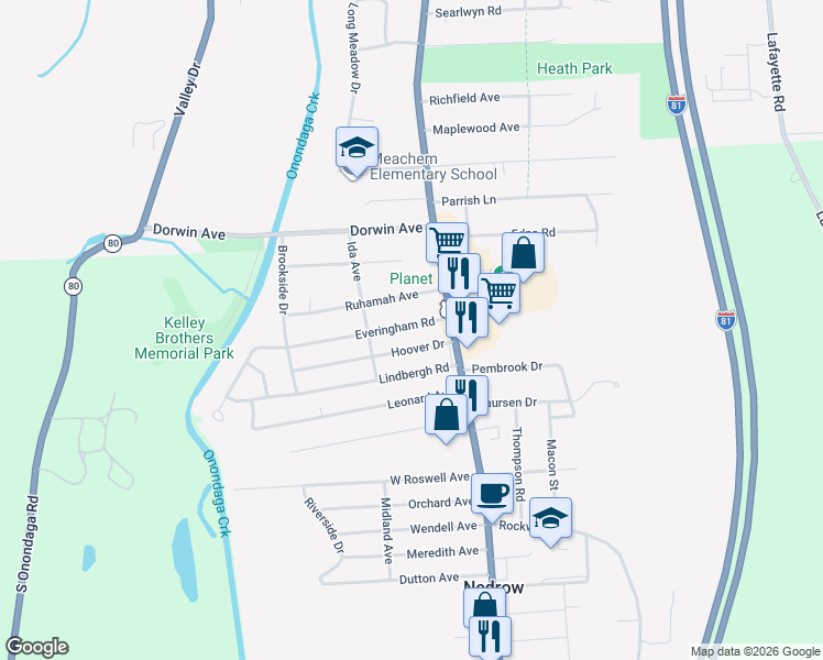 map of restaurants, bars, coffee shops, grocery stores, and more near 133 Everingham Road in Syracuse