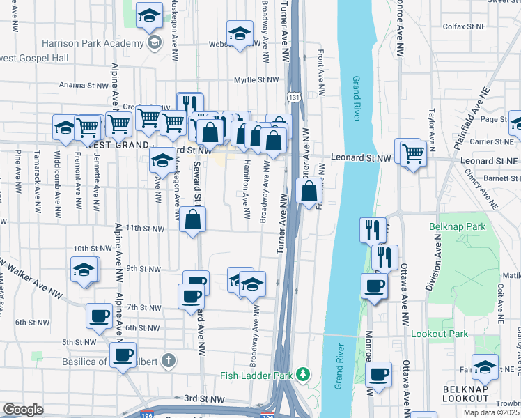 map of restaurants, bars, coffee shops, grocery stores, and more near 1035 Broadway Avenue Northwest in Grand Rapids