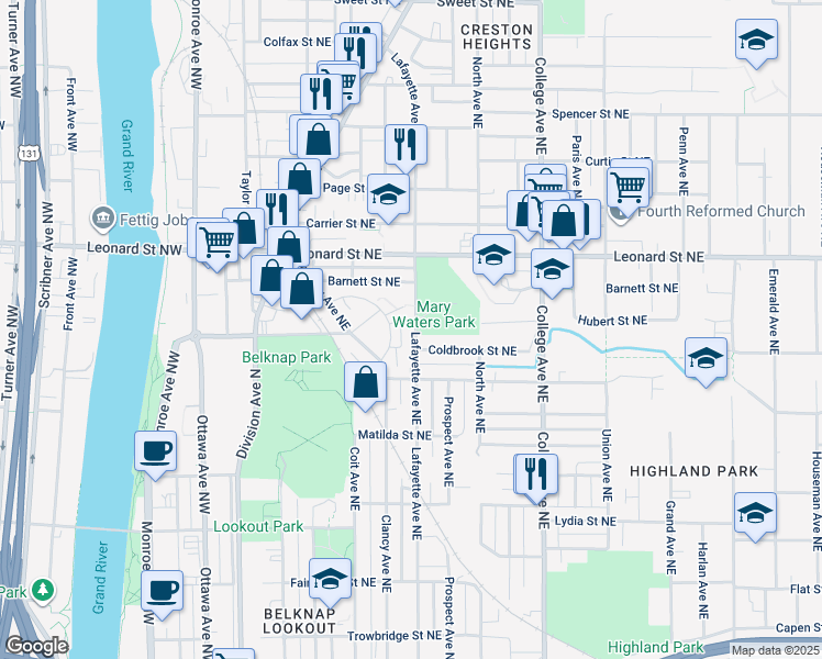 map of restaurants, bars, coffee shops, grocery stores, and more near 1049 Lafayette Avenue Northeast in Grand Rapids