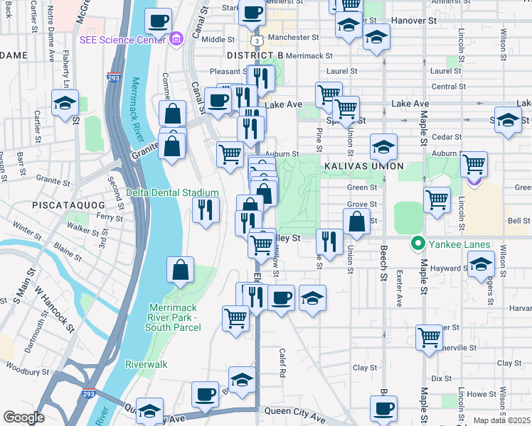 map of restaurants, bars, coffee shops, grocery stores, and more near 295 Elm Street in Manchester