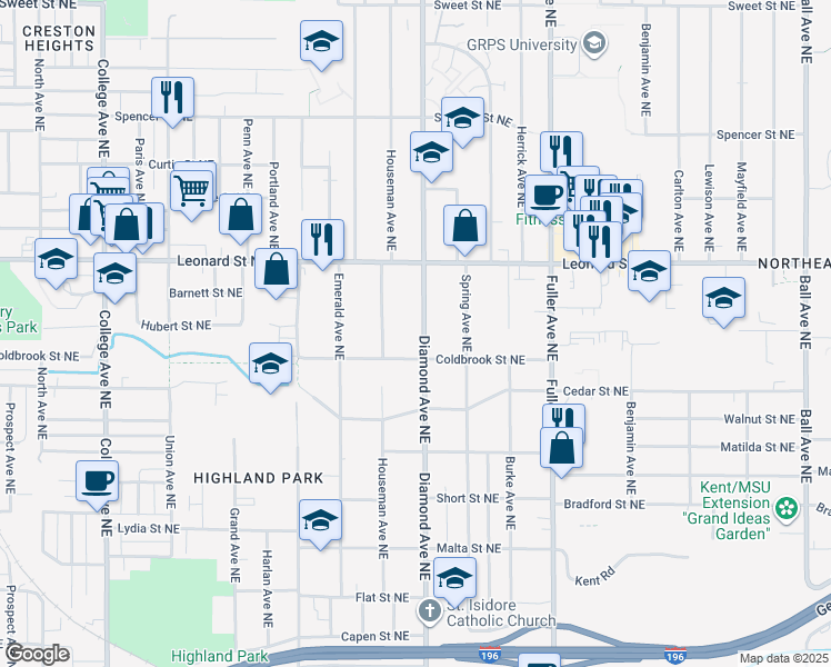 map of restaurants, bars, coffee shops, grocery stores, and more near 1057 Diamond Avenue Northeast in Grand Rapids