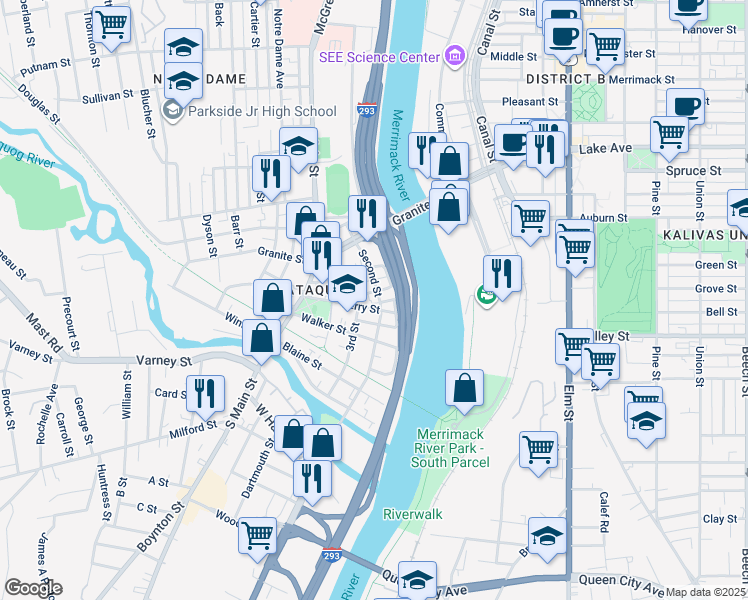 map of restaurants, bars, coffee shops, grocery stores, and more near 93 Second Street in Manchester