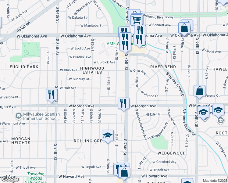 map of restaurants, bars, coffee shops, grocery stores, and more near 3415 South 77th Street in Milwaukee