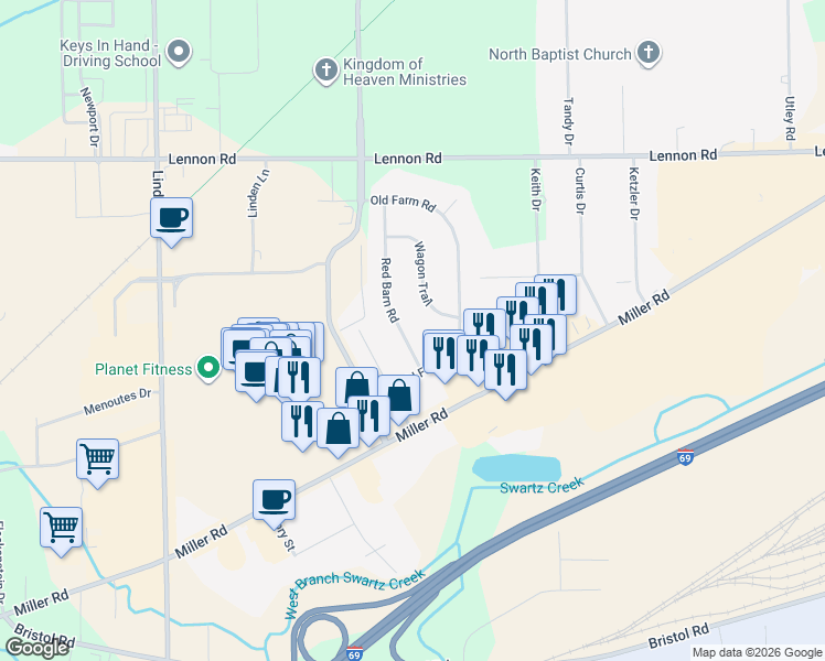 map of restaurants, bars, coffee shops, grocery stores, and more near 3176 Red Barn Road in Flint
