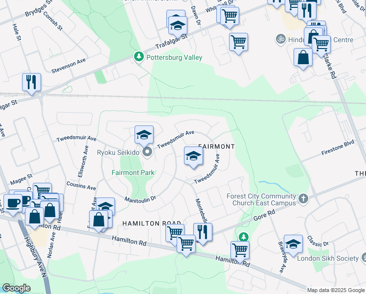 map of restaurants, bars, coffee shops, grocery stores, and more near 53 Laurentian Drive South in London