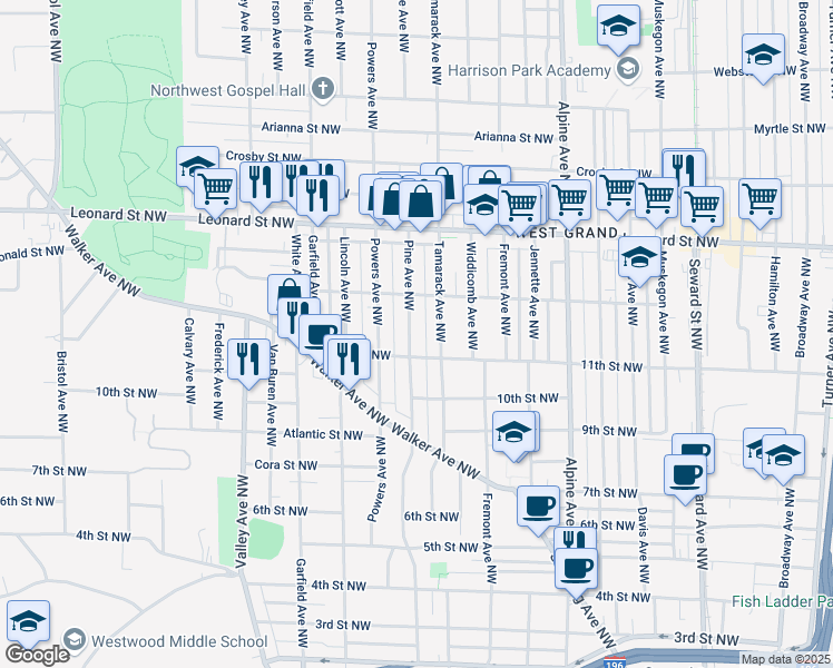 map of restaurants, bars, coffee shops, grocery stores, and more near 1018 Pine Avenue Northwest in Grand Rapids