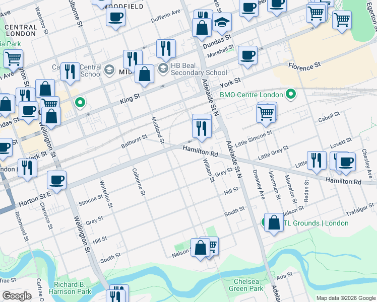 map of restaurants, bars, coffee shops, grocery stores, and more near 105 Hamilton Road in London