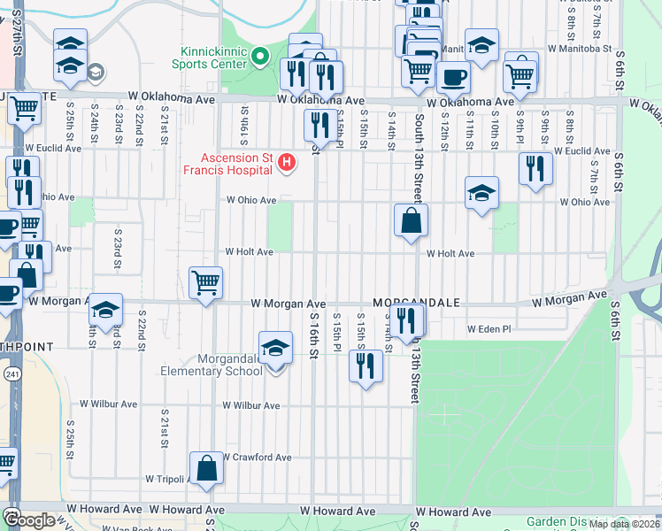 map of restaurants, bars, coffee shops, grocery stores, and more near 3417 South 15th Place in Milwaukee
